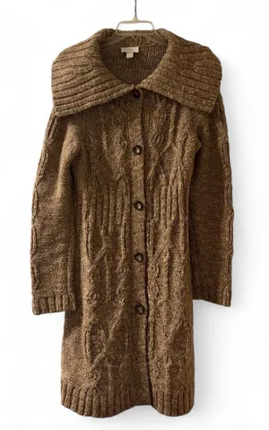 LOFT Brown Cable Knit Long Cardigan with Wide Collar thumbnail 1