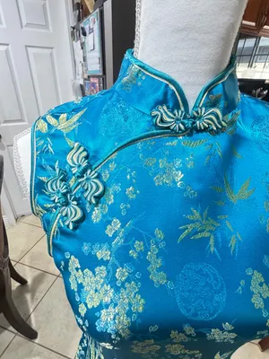 Women's Blue Satin Look Cheong-sam Qipao Dress Size S Polyester thumbnail 3