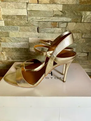 H by Halston Metallic Gold Leather Ankle Strap Sandals thumbnail 5