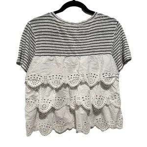 Joie Linen Eyelet Nautical Striped Cottage Scalloped Tiered Short Sleeve Top S thumbnail 6