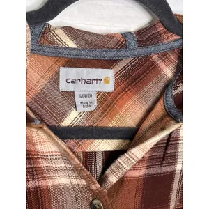 Carhartt Hooded Flannel Plaid Shirt Women's Small Orange Brown Cotton thumbnail 3