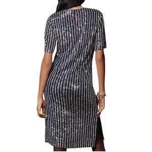 Anthropologie Flat White Sequin Stripe Midi Dress Womens M Blue Evening Cocktail thumbnail 5