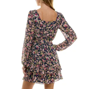 NWT City Studio Square-Neck Fit Flare Shear Lined Dress Navy Blue Multi S thumbnail 2