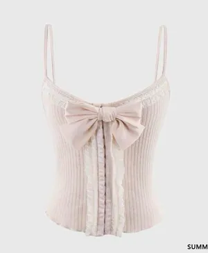 Japanese Kawaii Style Pastel Pink White Ruffle Stretchy Bow Ribbon Tank Top thumbnail 4