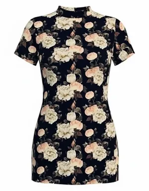 Dice Soft Black Floral Rose‎ Printed Mini Shirt Dress Mock Neck Keyhole Size Xl thumbnail 1
