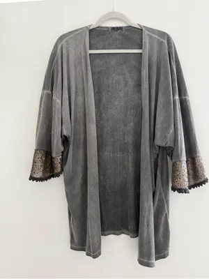 Gray Open-Front Kimono Cardigan with Crochet Sleeve Trim thumbnail 1