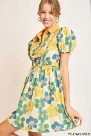 Umgee Yellow Floral Puff-Sleeve Dress thumbnail 1