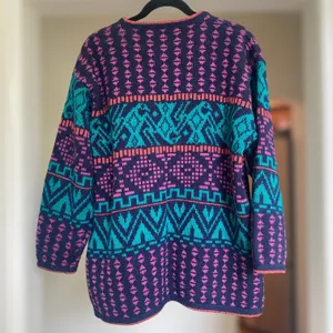Vintage 80s Colorful Cardigan Sweater Chunky Aztec Patterned Women's Medium thumbnail 4