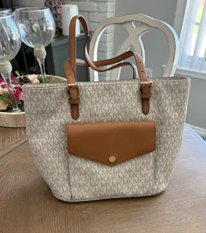 Michael Kors Cream Signature Tote with Brown Trim and Front Pocket thumbnail 1