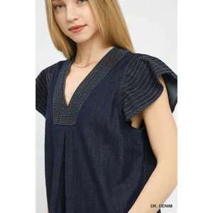 Umgee Cap Sleeve Denim Top - Dk. Denim - Small thumbnail 4