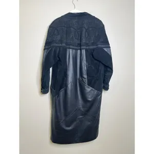 Women's Leather Coat Long Trench Black Patchwork Gothic Print Whimsigoth Moto 80 thumbnail 13