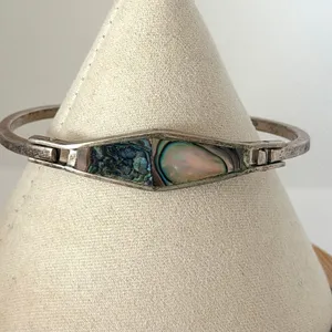 Vintage Mexico Alpaca Silver Abalone Shell Inlay Hinged Bangle Bracelet thumbnail 1