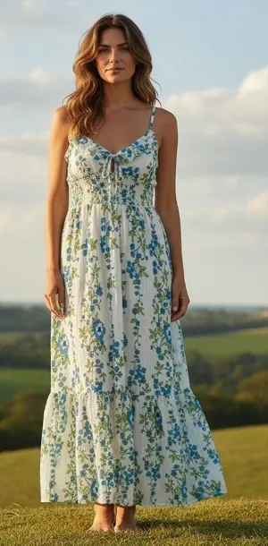Band of the Free Floral Ruffle Maxi Dress Egret‎ Palace Blue XS B50326 Boho thumbnail 1