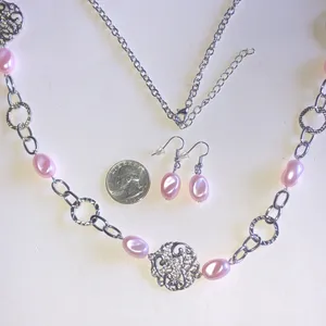 Silver Tone Filigree & Pink Faux Pearl Necklace and Earring Set thumbnail 3