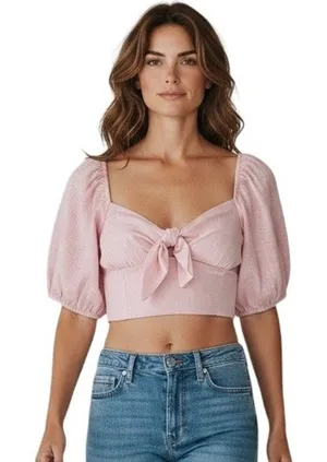 Altar'd State Linen Puff Sleeve Tie Front Cropped Blouse Top Pink Medium thumbnail 1