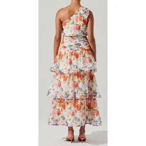 ASTR The Label Natali One Shoulder Tiered Maxi Dress White Coral Floral NWT S thumbnail 4