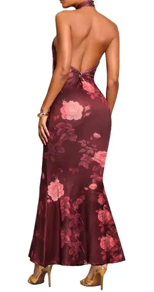 Amazon GORGLITTER Women's Open Backless Bodycon Graduation Maxi Dresses 2025 Ruch Halter Neck Sleeveless Ribbed Prom Dress thumbnail 3