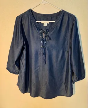 Christopher & Banks Women’s Lyocell Chambray Lace-Up Blouse Dark Denim Medium W thumbnail 1