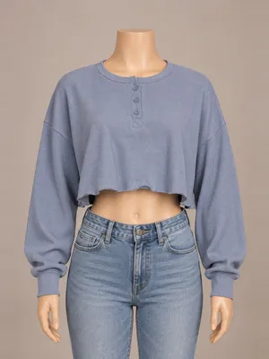 Aéropostale Oversized Cropped Henley Top Blue XXS 21” Pit to Pit thumbnail 1