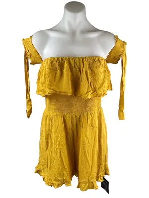 NEW Lulus Yellow Ruffle Smocked Off the Shoulder Wide Leg Romper Jumpsuit Size M thumbnail 1