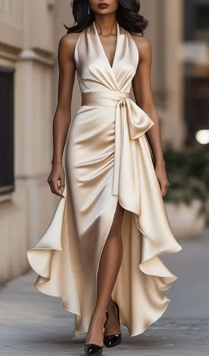 Mooyius Midnight Elegance Satin Halter Ruffle Gown Chamagne Womens‎ Size L thumbnail 1