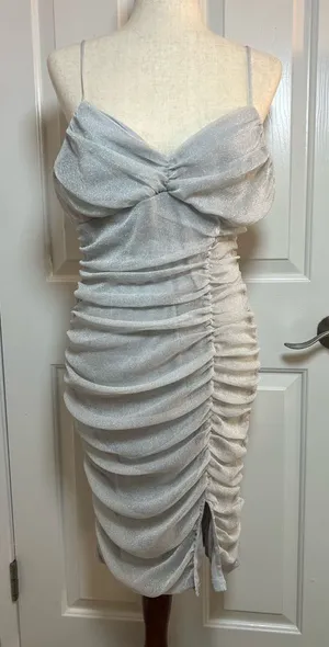 Lulu's Shimmering Silver Ruched‎ Mini Dress thumbnail 1