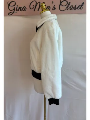 Vigoss Women's Small White Faux Fur Bomber Jacket with Black Trim thumbnail 4