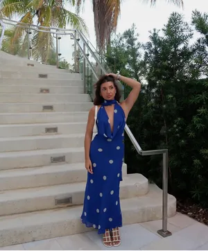 Zara Blue Polka Dot Halter Dress scarf open back maxi long evening party wedding thumbnail 8