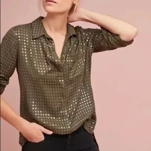 Anthropologie Maeve Olive Green Button Down Sequin Shirt Size XS thumbnail 1