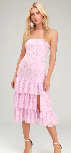 Pink Polka Dot ruffle Midi Dress Lulus thumbnail 1