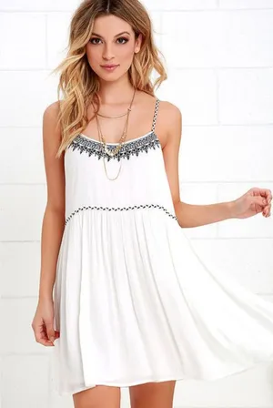 Lulu's White Mini Dress with Black Embroidered Trim sz M thumbnail 1