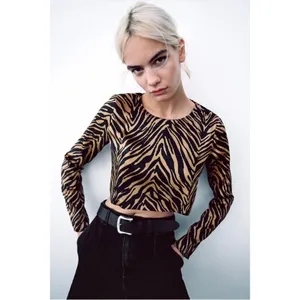 Zara Black and Tan Zebra-Print Cropped Long-Sleeve Top thumbnail 2