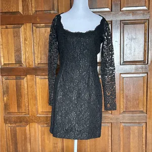 Vtg 90s Jennifer George By Night Black Lace Mini Dress Shere Sleeve‎ Goth Vamp 4 thumbnail 2