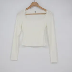 Cream White Ribbed Long Sleeve Lace Trim Bow Square Neck Coquette Top Small thumbnail 2