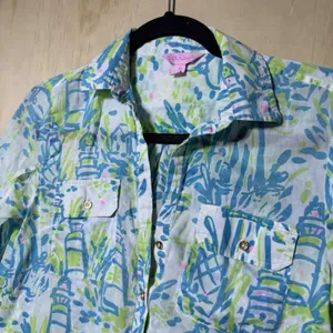 Lilly Pulitzer Lighthouse Print Tunic Top XS Blue Green Coastal Beach‎ thumbnail 2
