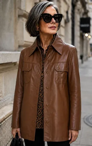 Miss K Vintage Brown Faux Leather Shacket Snap Front Jacket Large RN 42000 thumbnail 1