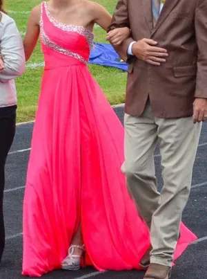 Hot Pink One Sholder Sparkly Prom Dress thumbnail 1
