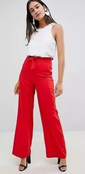 Miss Selfridge Red Belted High-Rise Wide-Leg Pants Bottoms Trousers Slacks Size 2 ❤️✨ thumbnail 1