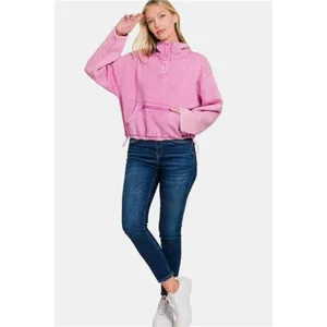Zenana Acid Wash Fleece Half Snap‎ Sweatshirt with Pocket thumbnail 3