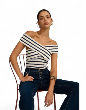 COMMENSE Striped Off-Shoulder Cross Knit Top COLOR - Black White NWT Sold Out thumbnail 1