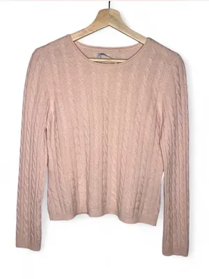 Colour Works Petal Pink Crewneck Cable Knit Cashmere Sweater Quiet Luxury thumbnail 1