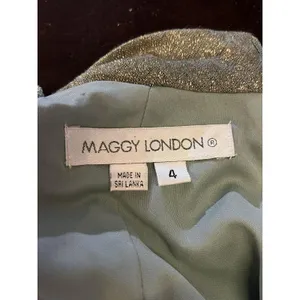 Maggy London Dress Womens 4 Gold Metallic Chevron Ruched V Neck Sheath Midi thumbnail 13
