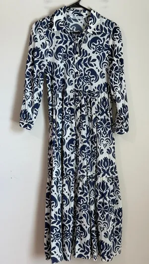 Zara Shirt Dress‎ Midi Dress Size XS White Blue Floral Cotton thumbnail 1