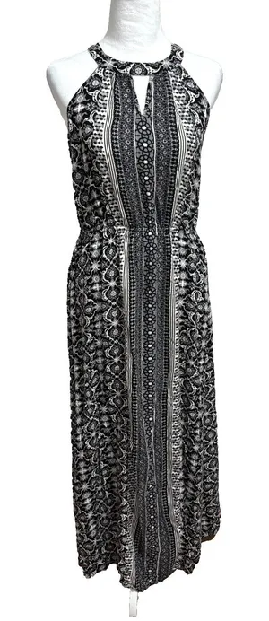 Maxi Dress Womens L Black‎ White Boho Chic Global-Print Tribal Halter Flowy thumbnail 1