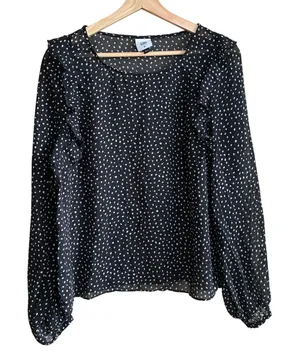 Cabi 3956 Ruffle Front Polka Dot Blouse Size M Black White Womens Sheer Top thumbnail 1