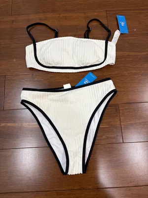 Cupshe NWT Women’s Cream Ribbed Bikini with Black Trim, M thumbnail 2