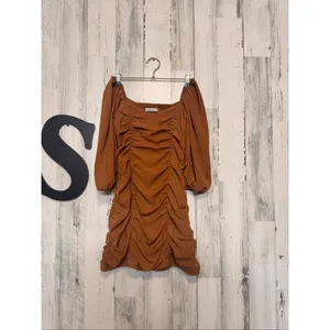 Abercrombie & Fitch Brown Ruched Mini Dress Puff Sleeve Bodycon Dress XXSP thumbnail 4