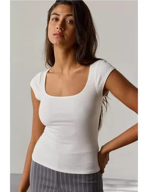 BDG UO Drew Cap Sleeve Ribbed Square White Neck Cropped Tee Size Large Nwot thumbnail 2