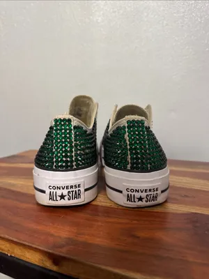 Custom Emerald Green Rhinestone Converse Lift Platform Low Tops Size 10 thumbnail 5