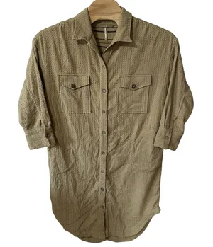 Free People Size Medium‎ Beige Button Up Tunic Shirt Midi Dress Textured Pockets thumbnail 1